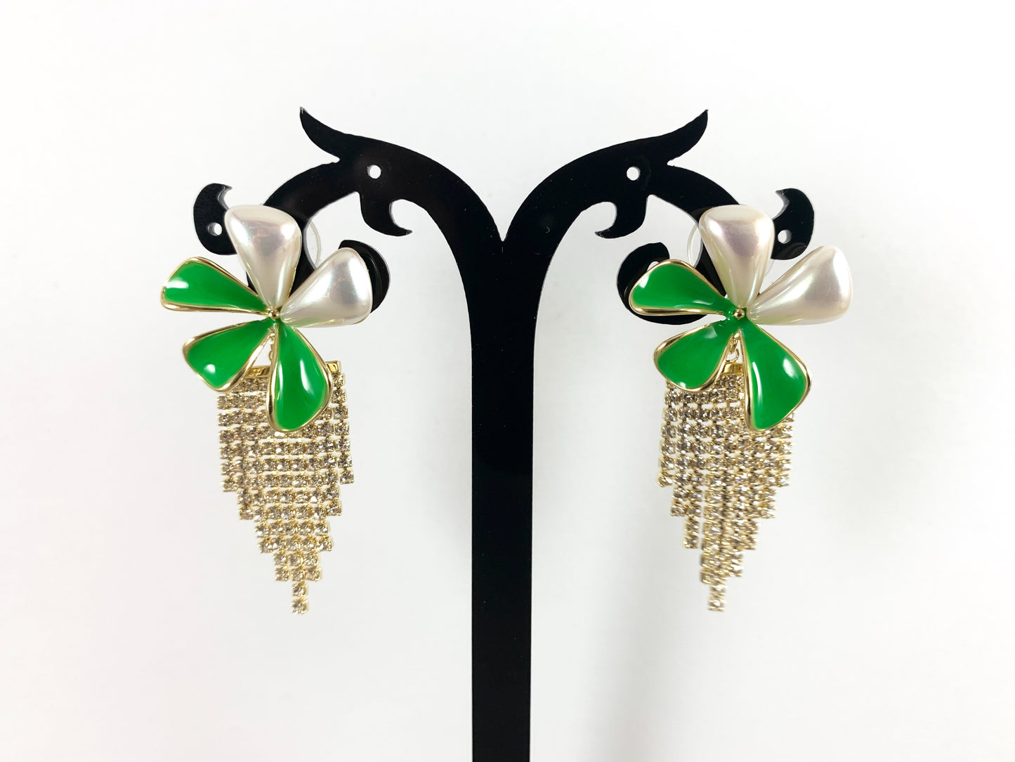 Real 18K Gold Plated Enamel Green Purple Pearl Daisy Flower Rhinestone Fringe Tassel Earrings Over Copper 1 pair