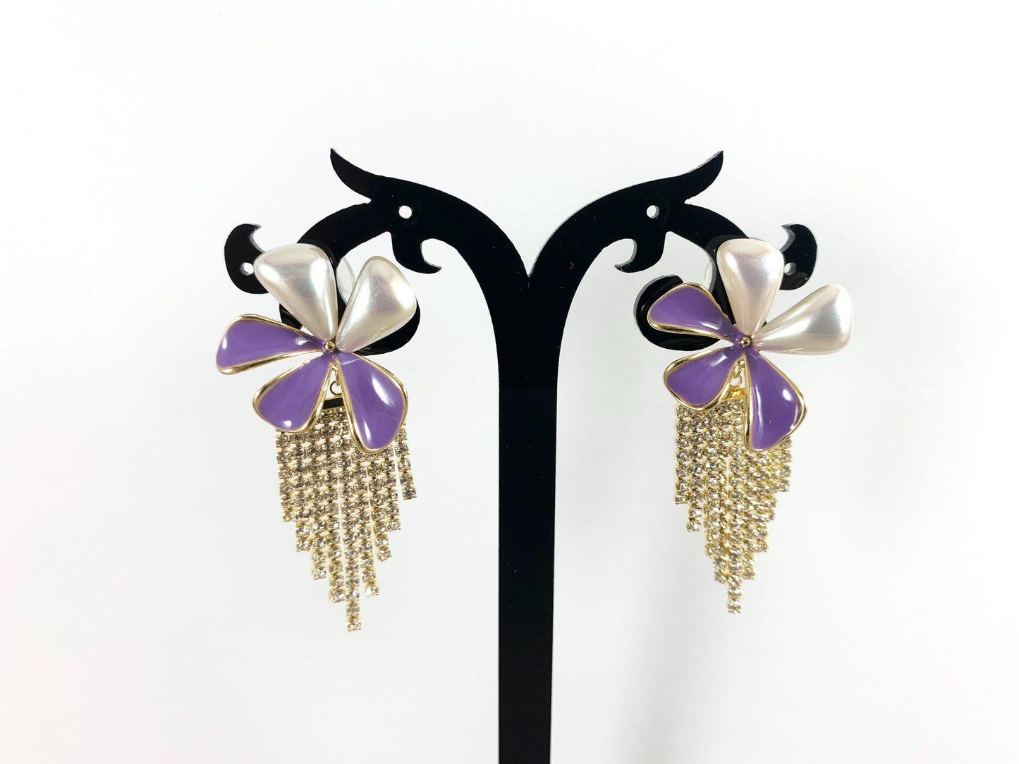 Real 18K Gold Plated Enamel Green Purple Pearl Daisy Flower Rhinestone Fringe Tassel Earrings Over Copper 1 pair