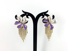 Load image into Gallery viewer, Real 18K Gold Plated Enamel Green Purple Pearl Daisy Flower Rhinestone Fringe Tassel Earrings Over Copper 1 pair
