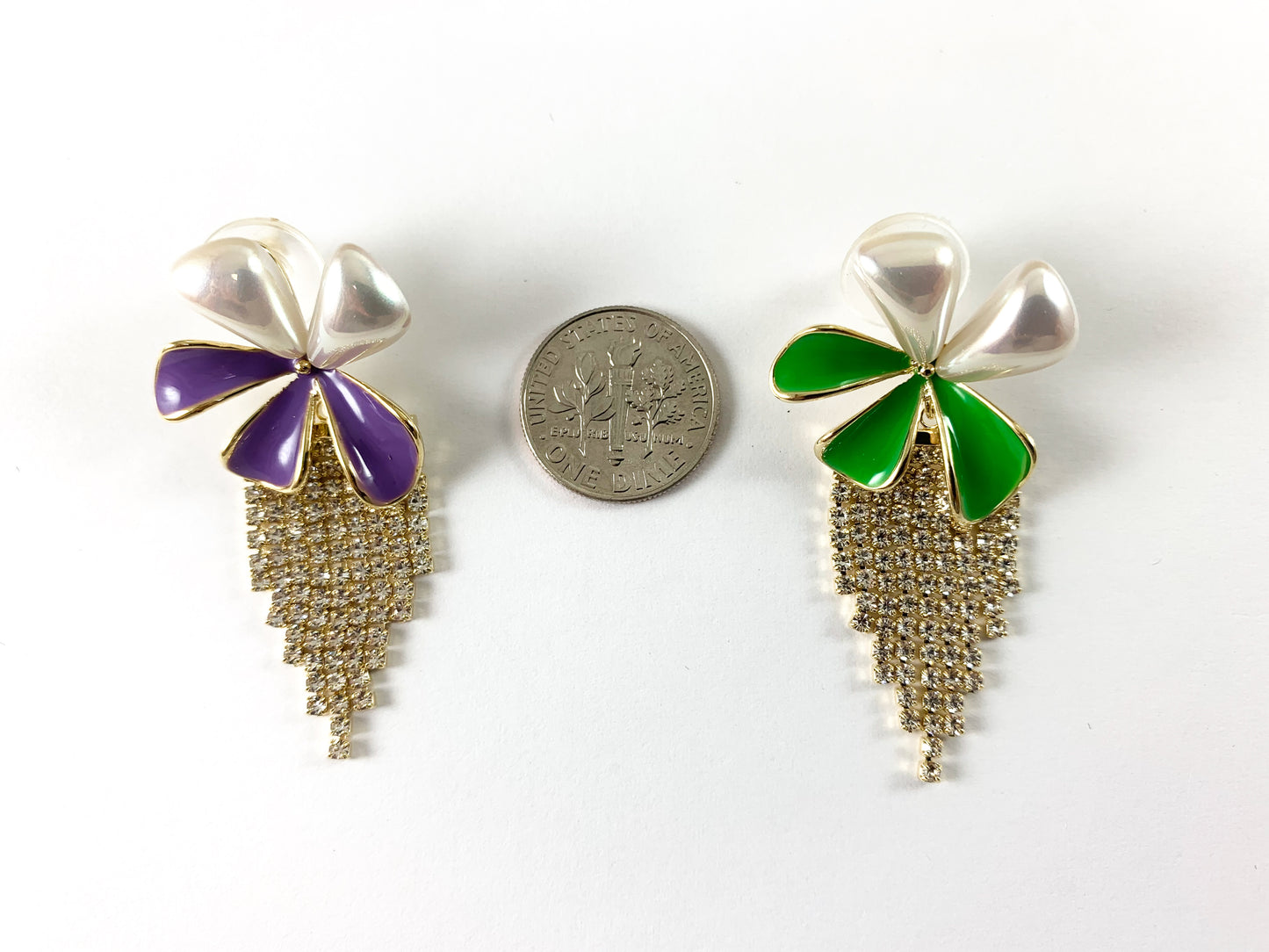 Real 18K Gold Plated Enamel Green Purple Pearl Daisy Flower Rhinestone Fringe Tassel Earrings Over Copper 1 pair