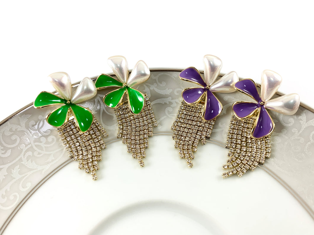 Real 18K Gold Plated Enamel Green Purple Pearl Daisy Flower Rhinestone Fringe Tassel Earrings Over Copper 1 pair