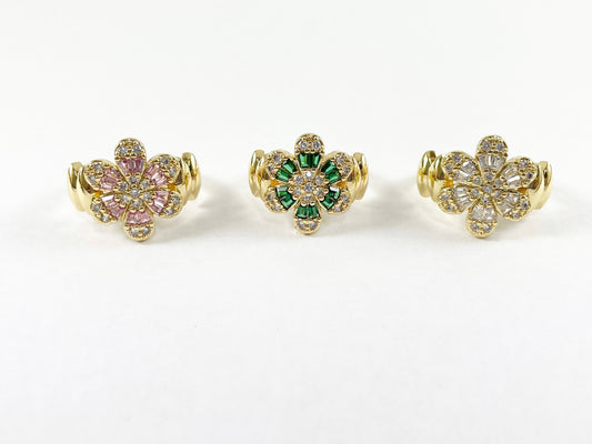 Real Gold 18K Plated CZ Pave Floral Flower Daisy Baguette Pink Green Clear Adjustable Statement Ring 4pcs