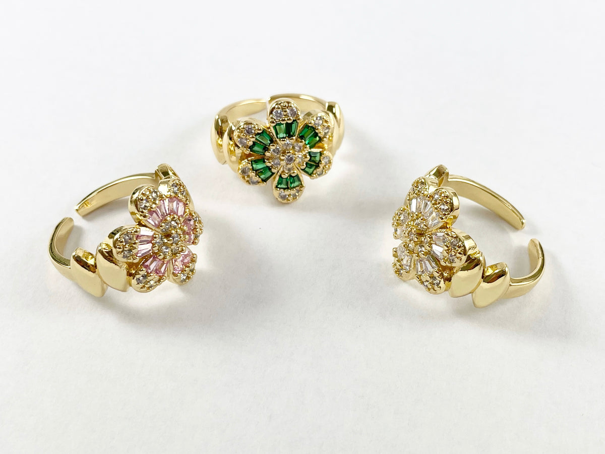 Real Gold 18K Plated CZ Pave Floral Flower Daisy Baguette Pink Green Clear Adjustable Statement Ring 4pcs