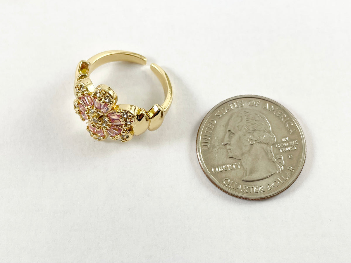 Real Gold 18K Plated CZ Pave Floral Flower Daisy Baguette Pink Green Clear Adjustable Statement Ring 4pcs