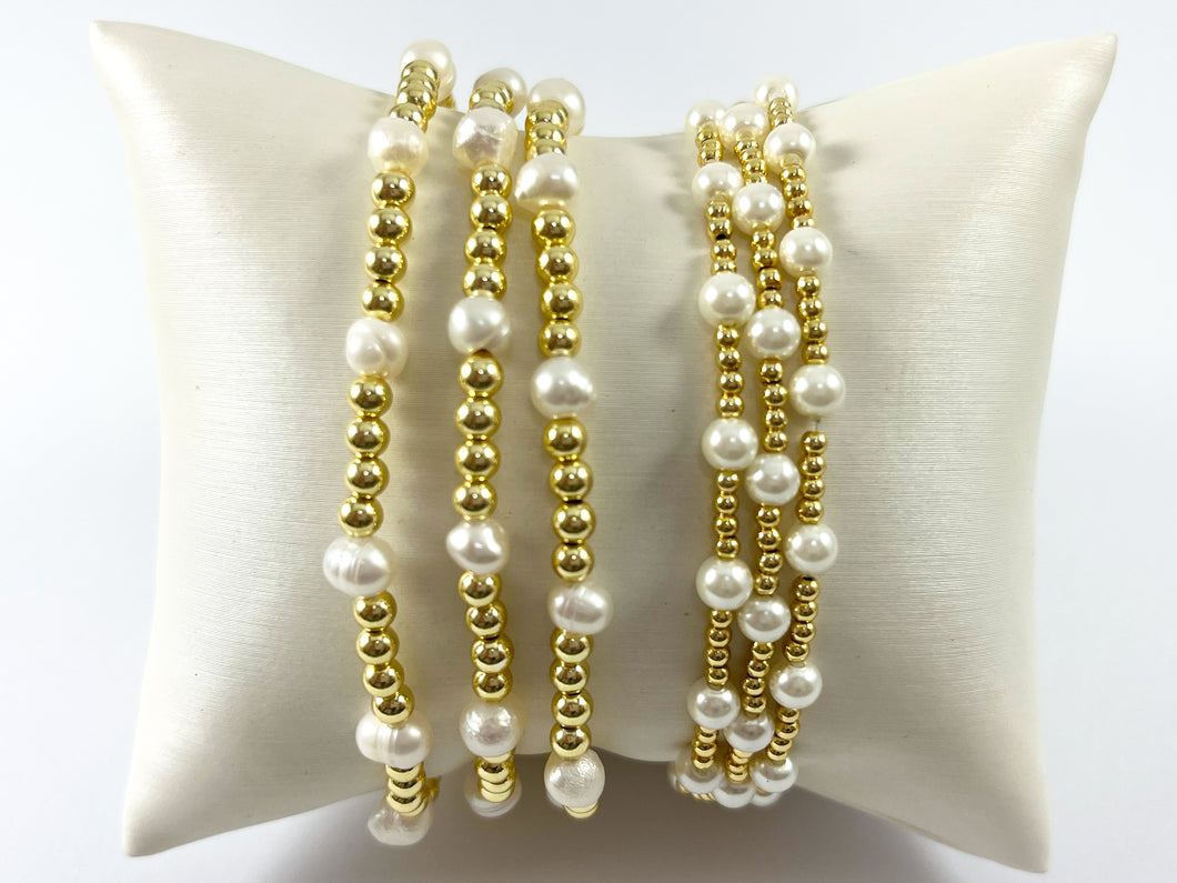 18K Gold Plated Hematite Freshwater Pearl Glass Pearl Dainty Stretchy Bracelet 1 piece