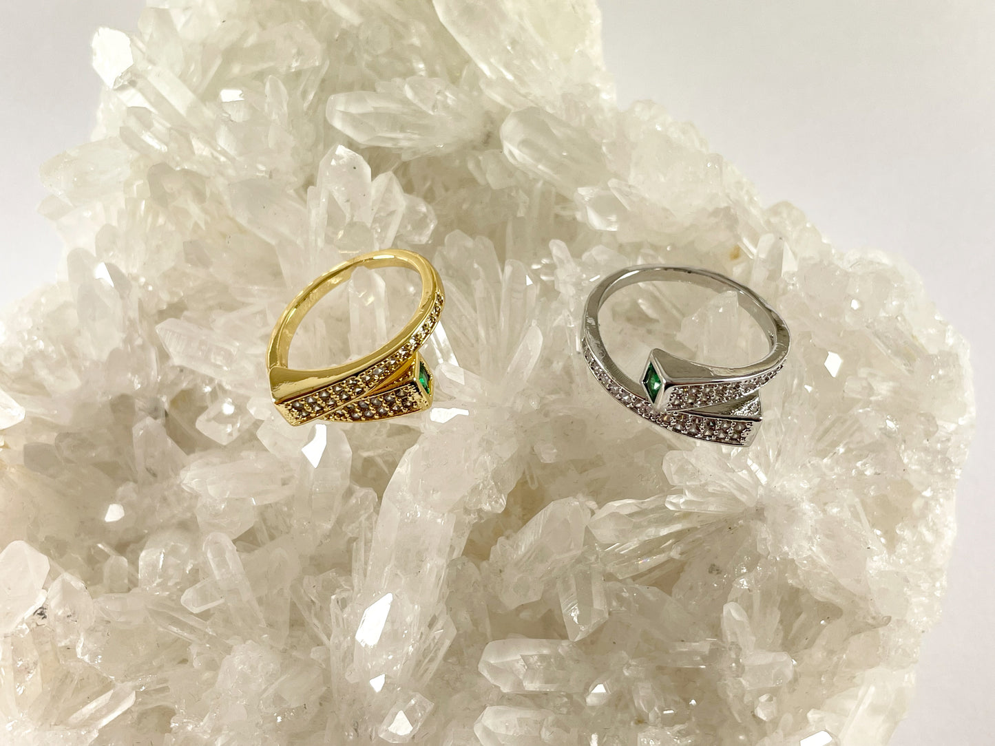 18K Real Gold/Platinum Plated CZ Pave Green Bypass Adjustable Ring 5pcs