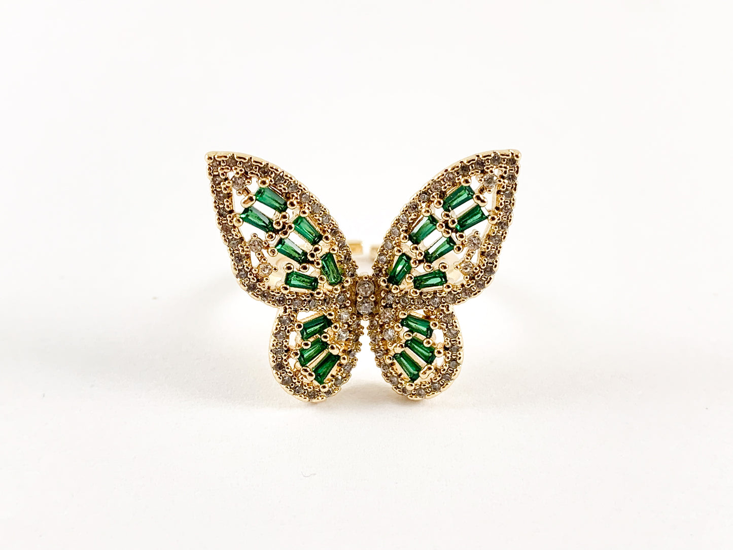 Real Gold 18K Plated Copper CZ Pave Green Butterfly Adjustable Ring 3 pcs