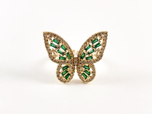 Anillo ajustable de mariposa verde pavimentado con circonita cúbica de cobre chapado en oro real de 18 quilates, 3 piezas