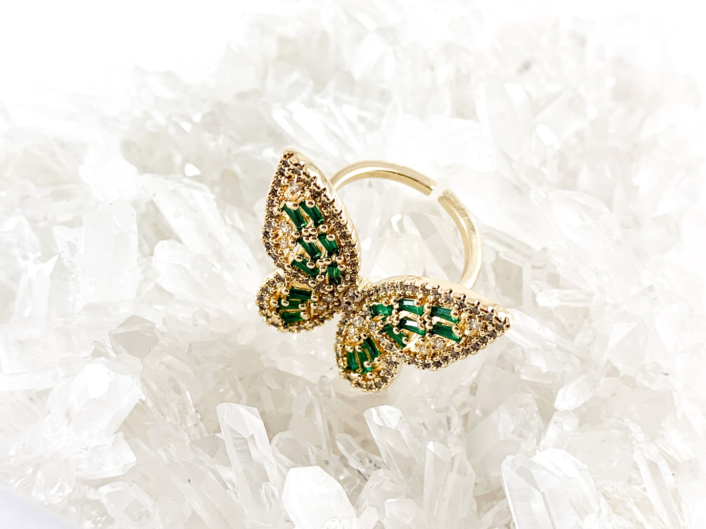 Real Gold 18K Plated Copper CZ Pave Green Butterfly Adjustable Ring 3 pcs
