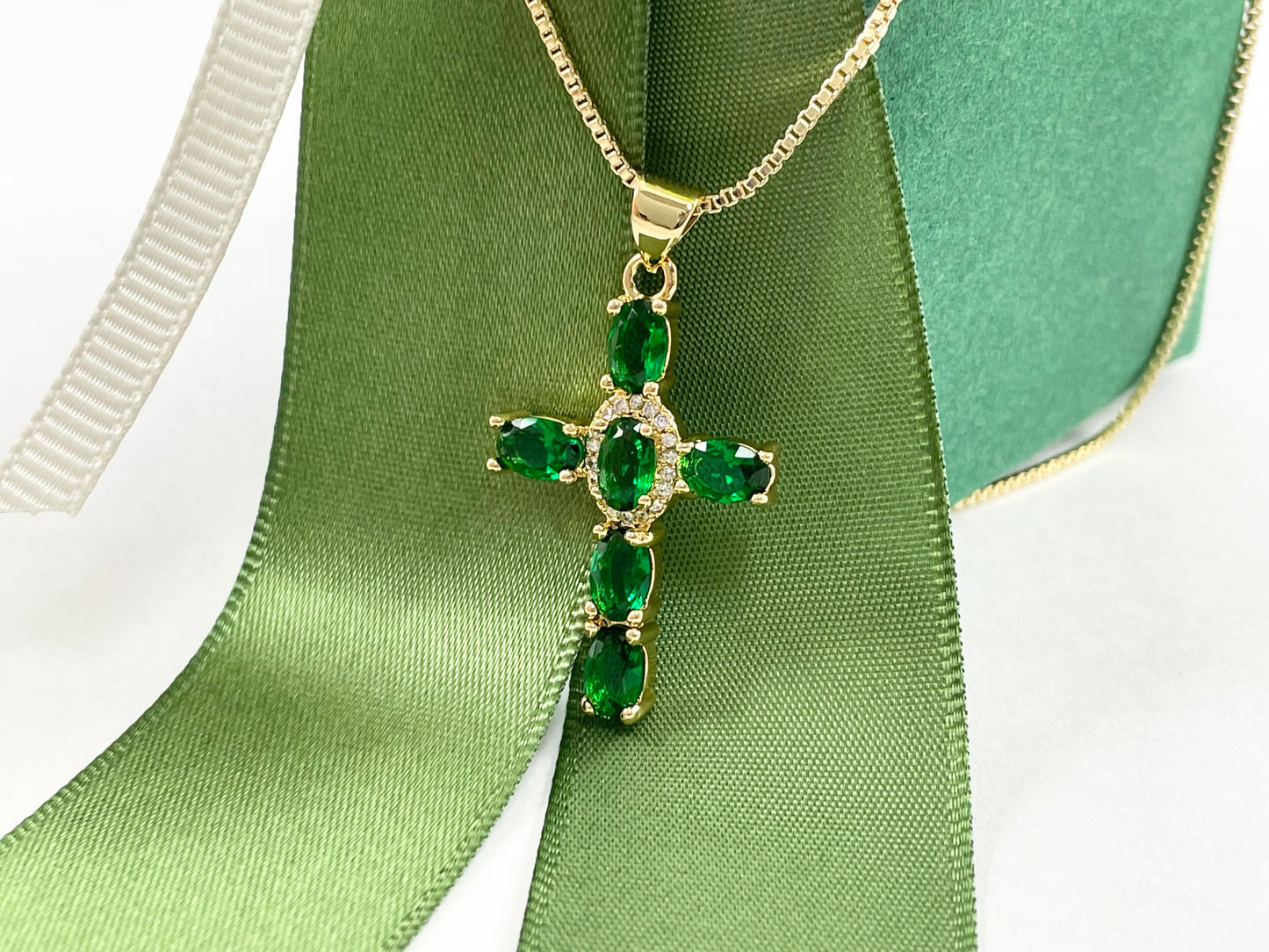 Real Gold 18K Plated Micro CZ Pave Green Emerald Cross Charm Pendant Over Copper 5pcs
