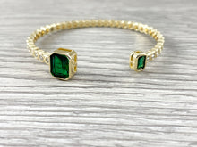 Load image into Gallery viewer, Emerald CZ Pave Rectangle Rhinestone Fancy Open Front Bracelet Cuffs in 18K Gold Plating
