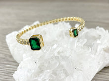 Load image into Gallery viewer, Emerald CZ Pave Rectangle Rhinestone Fancy Open Front Bracelet Cuffs in 18K Gold Plating
