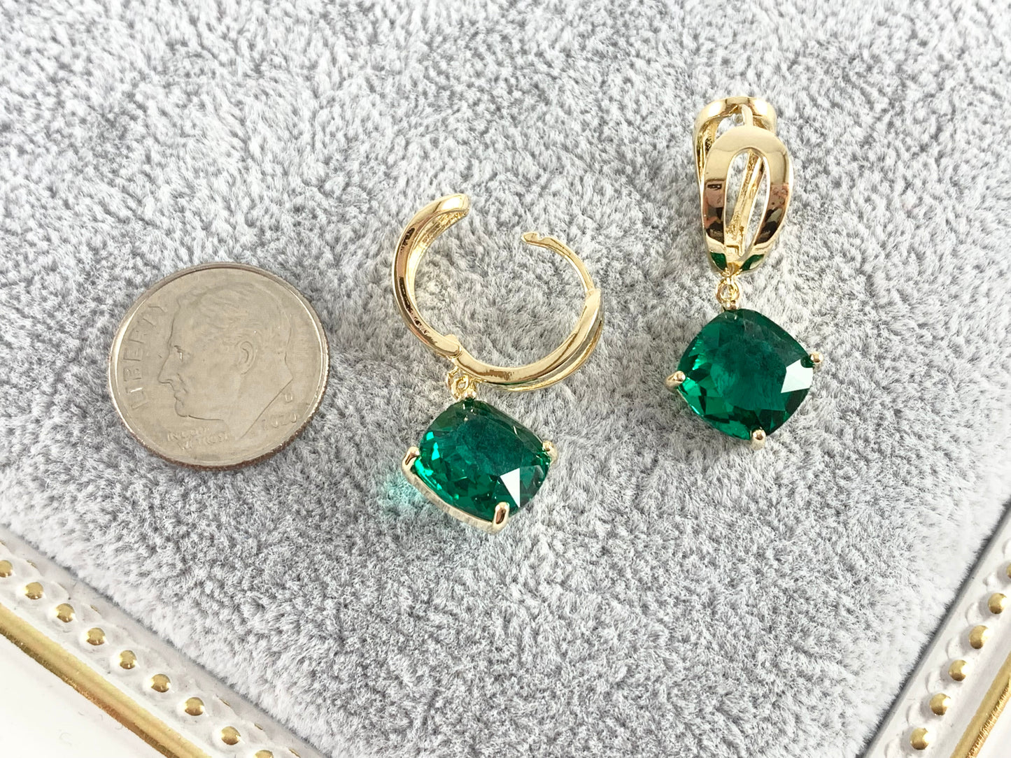 Real 18K Gold Plated Green Diamond Shape Dangle Earrings Over Copper 3 pairs