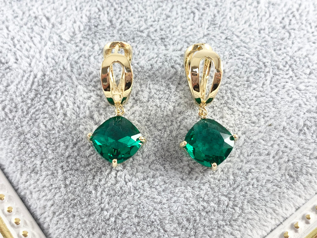 Real 18K Gold Plated Green Diamond Shape Dangle Earrings Over Copper 3 pairs