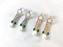 Load image into Gallery viewer, Pearl drop Earrings Circle Green CZ Emerald Tassel Earrings in Real 18K Gold or Silver Plated Drop Tassel Earring Over Copper 1 pair
