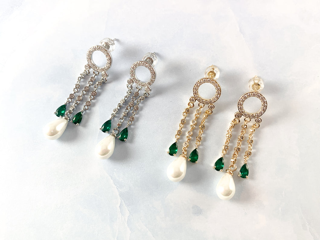 Pearl drop Earrings Circle Green CZ Emerald Tassel Earrings in Real 18K Gold or Silver Plated Drop Tassel Earring Over Copper 1 pair