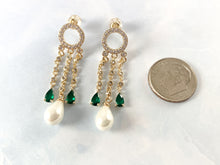 Load image into Gallery viewer, Pearl drop Earrings Circle Green CZ Emerald Tassel Earrings in Real 18K Gold or Silver Plated Drop Tassel Earring Over Copper 1 pair
