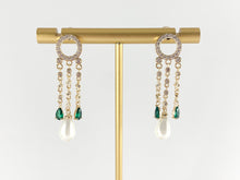 Load image into Gallery viewer, Pearl drop Earrings Circle Green CZ Emerald Tassel Earrings in Real 18K Gold or Silver Plated Drop Tassel Earring Over Copper 1 pair
