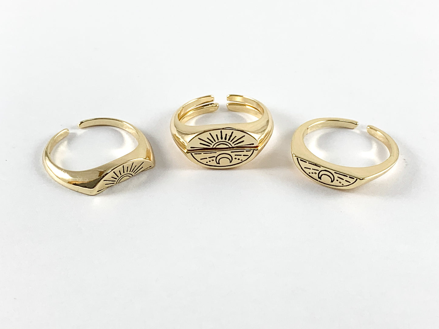 Real 18K chapado en oro mezcla combinada media sol luna amistad otra mitad anillo ajustable 3 pares