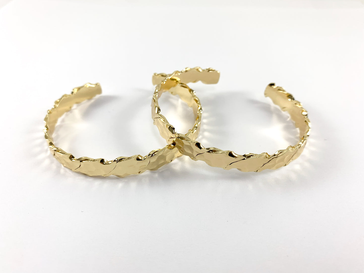 Real Gold 18K Plated Copper Simple Hammered Textured Adjustable Bracelet Cuff 2pcs