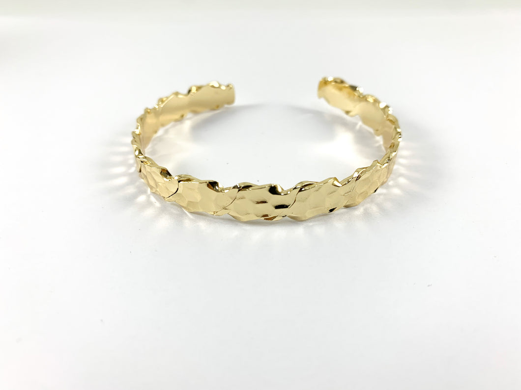 Real Gold 18K Plated Copper Simple Hammered Textured Adjustable Bracelet Cuff 2pcs