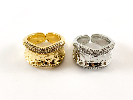 18K Real Gold/Platinum Plated CZ Pave Wavy Hammered Thick Cuff Ring 4pcs Size 6