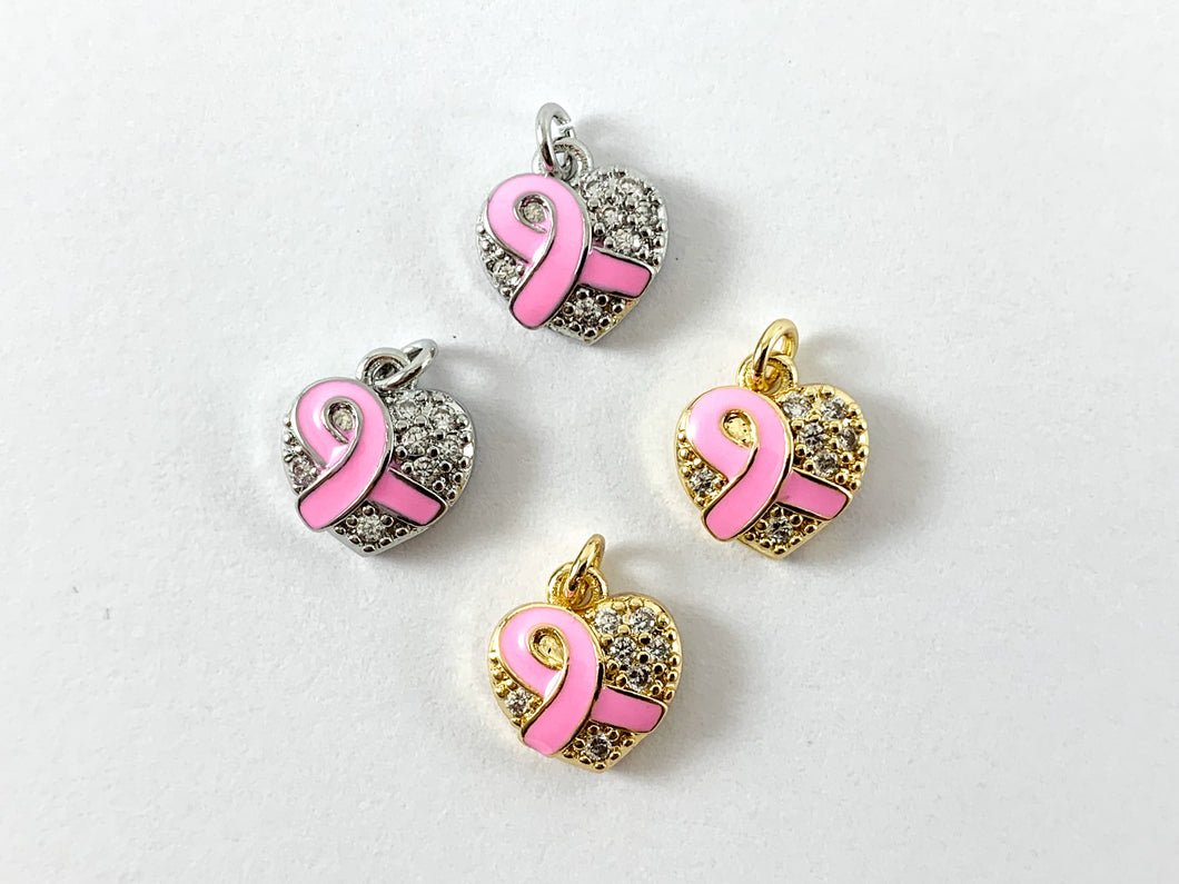 Real Gold 18K Plated Micro CZ Enamel Heart Breast Cancer Ribbon Charm Over Copper 6pc