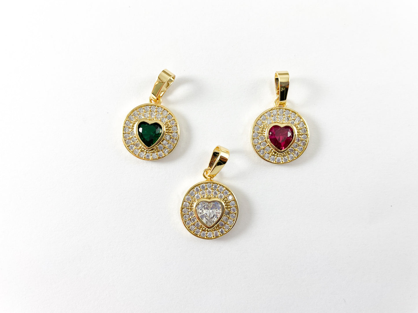 Sweet Heart Charms -18K Gold Plated Micro CZ Pave Hearts Diamond Ruby Emerald Over Brass 6pcs
