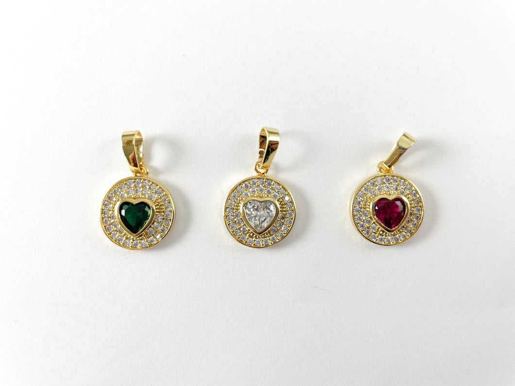 Sweet Heart Charms -18K Gold Plated Micro CZ Pave Hearts Diamond Ruby Emerald Over Brass 6pcs