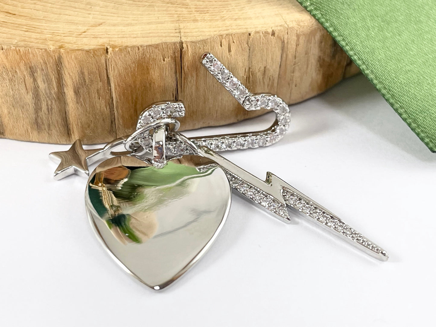 18K Gold/Silver Plated CZ Pave Heart Lightning Star Charm Paper Clip Open Clasp Pendant Over Copper