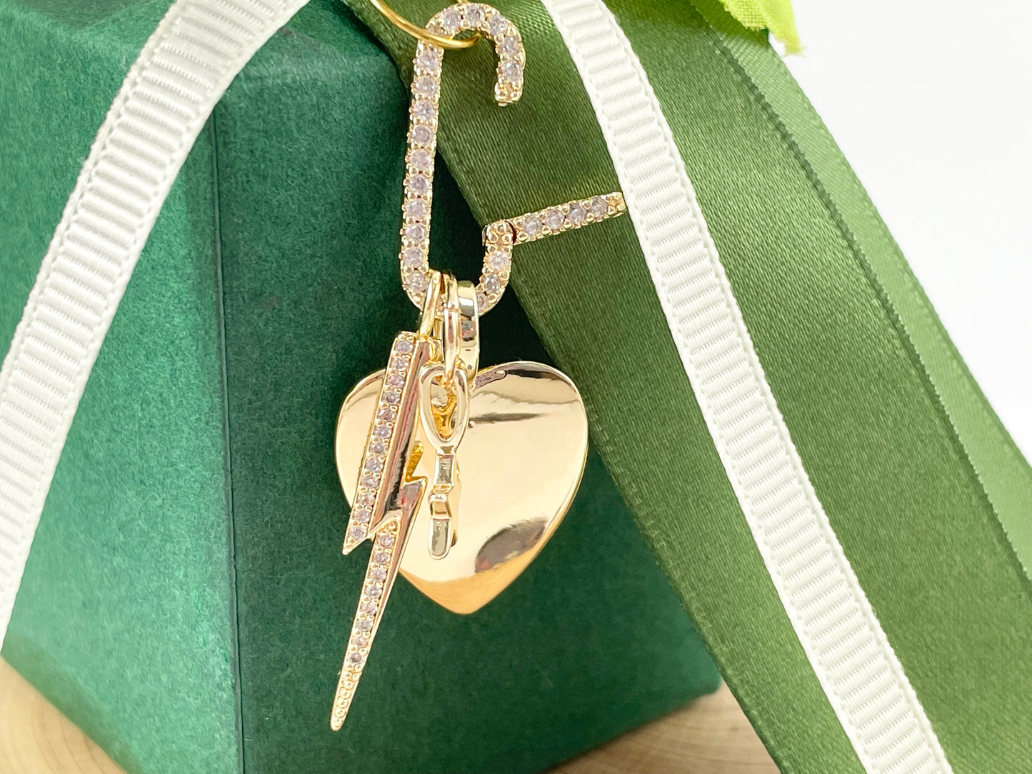 18K Gold/Silver Plated CZ Pave Heart Lightning Star Charm Paper Clip Open Clasp Pendant Over Copper