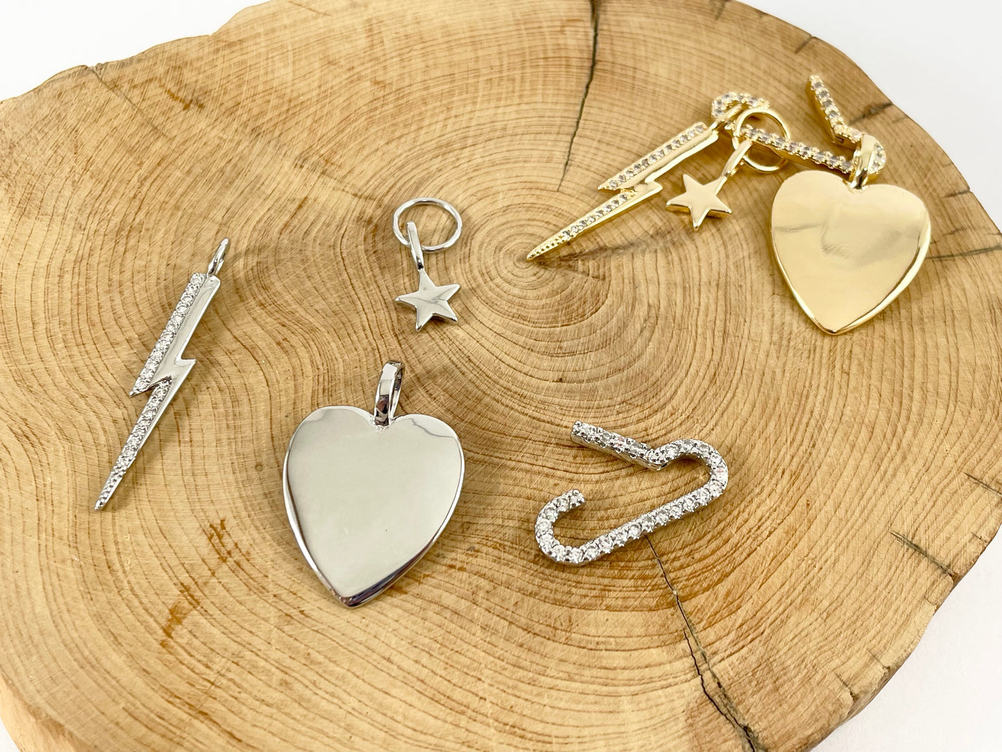 18K Gold/Silver Plated CZ Pave Heart Lightning Star Charm Paper Clip Open Clasp Pendant Over Copper