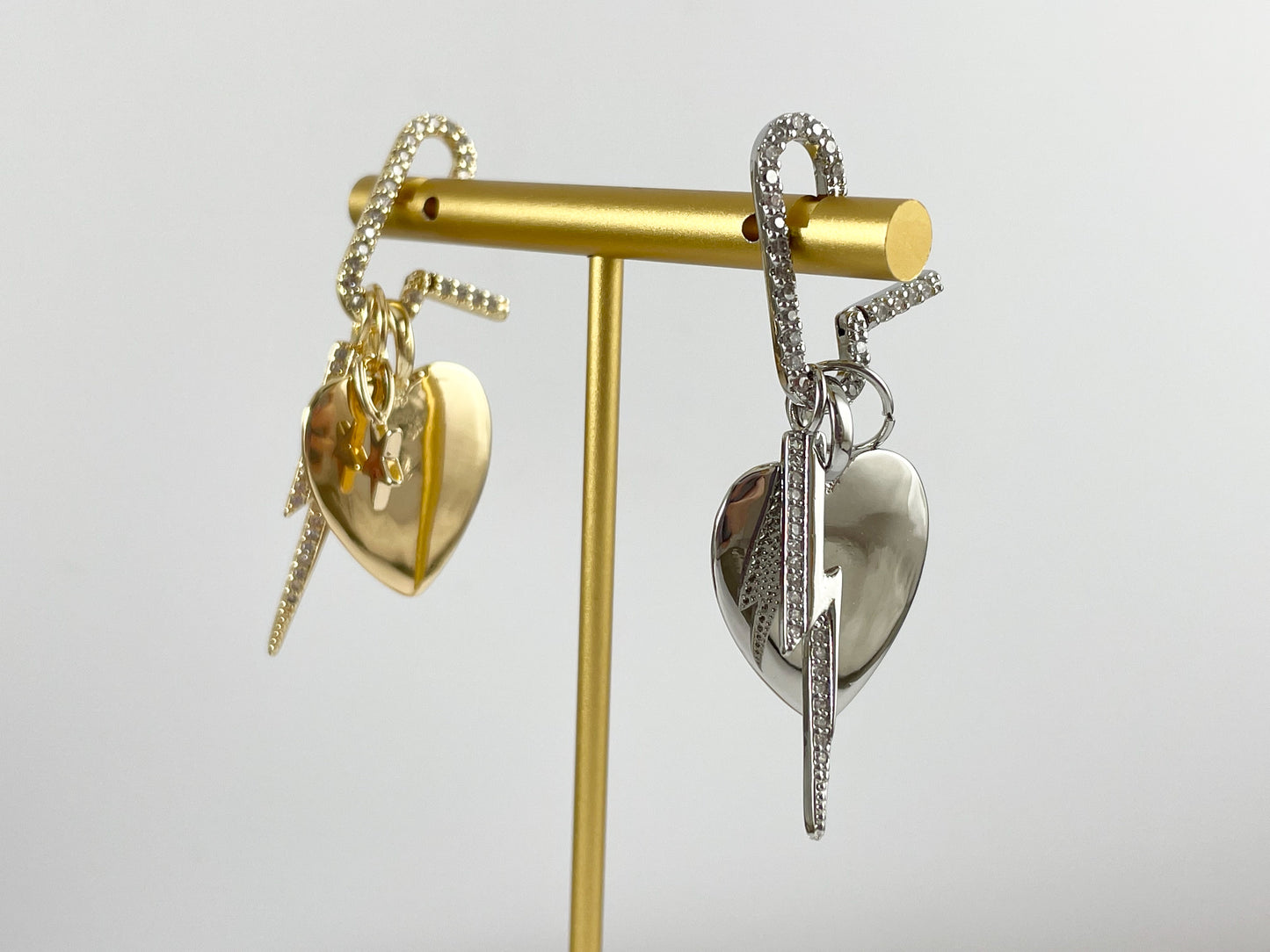 18K Gold/Silver Plated CZ Pave Heart Lightning Star Charm Paper Clip Open Clasp Pendant Over Copper