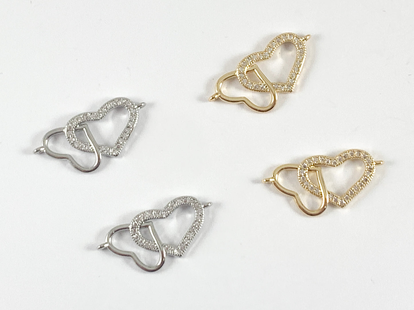 Dainty Double Hearts CZ Pave Connector in 18K Gold or Silver Plated Over Brass 6 pcs