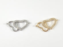 Load image into Gallery viewer, Dainty Double Hearts CZ Pave Connector in 18K Gold or Silver Plated Over Brass 6 pcs
