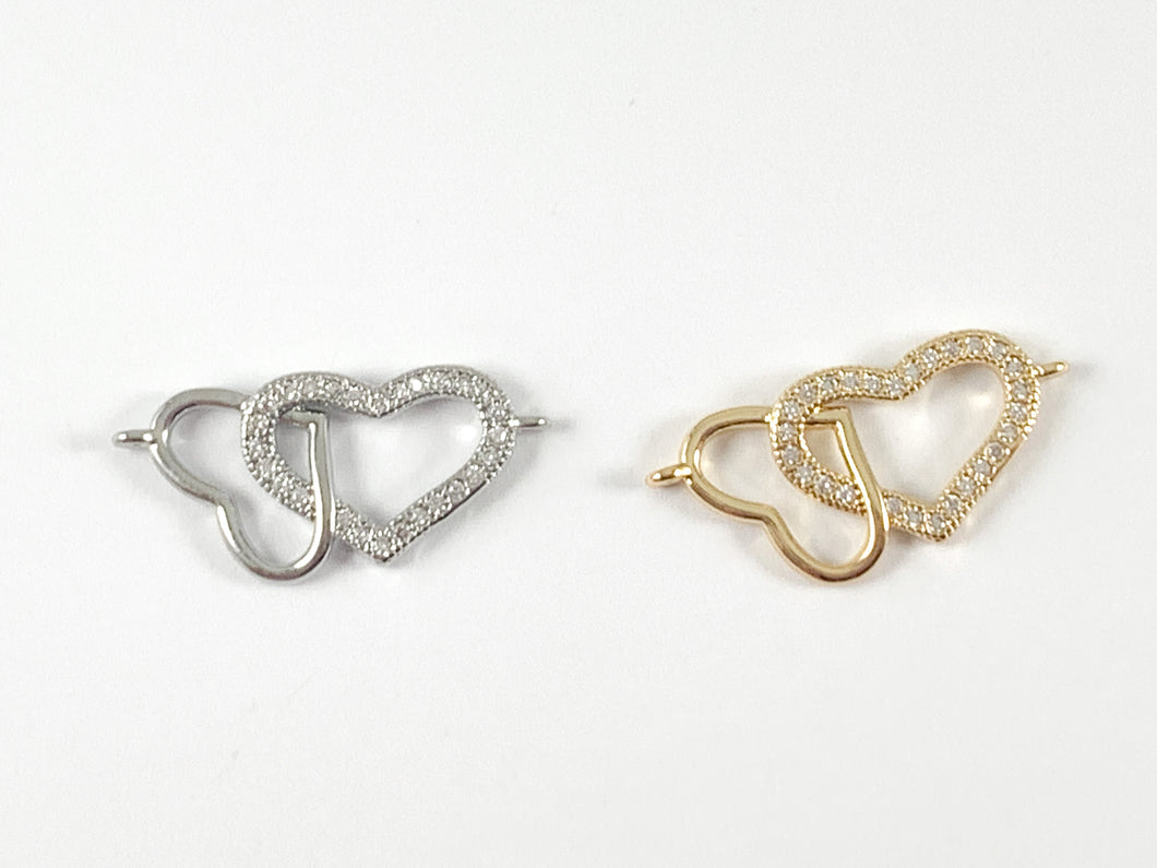 Dainty Double Hearts CZ Pave Connector in 18K Gold or Silver Plated Over Brass 6 pcs