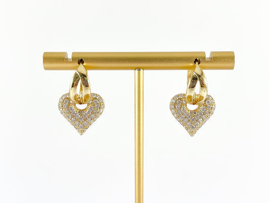 Real Gold/Silver 18K Micro CZ Pave Dangle Heart Earrings Huggies 3 pairs