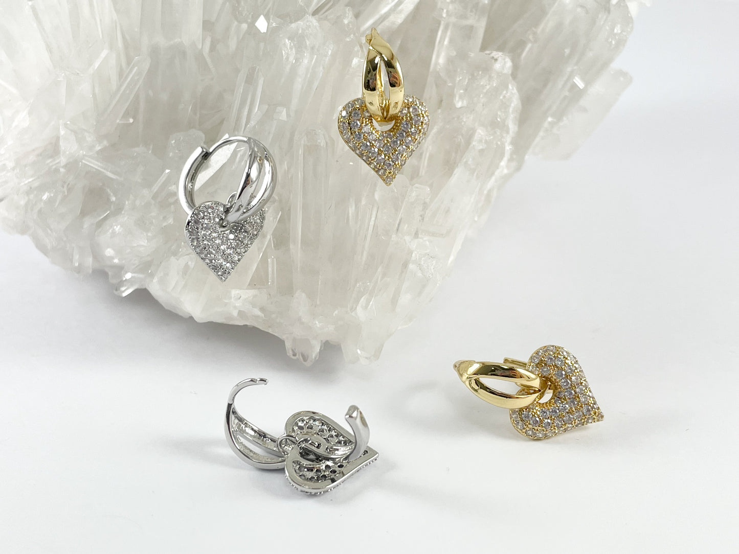 Real Gold/Silver 18K Micro CZ Pave Dangle Heart Earrings Huggies 3 pairs