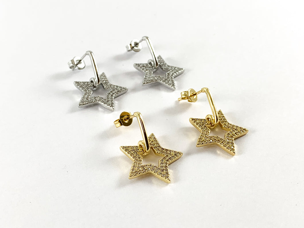 Real 18K Gold / Platinum Plated CZ Pave Star Dangle Earrings Over Copper 3 pairs