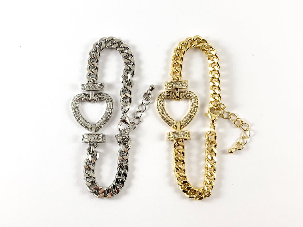 18K Gold Plated/Platinum Plated CZ Pave Heart Cuban Link Bracelet with Extender 1pc