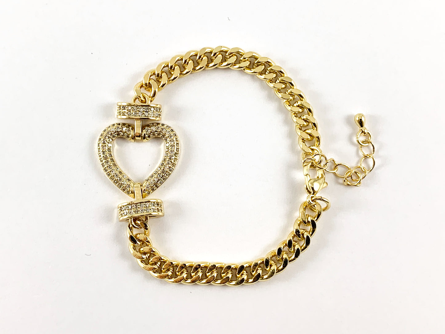18K Gold Plated/Platinum Plated CZ Pave Heart Cuban Link Bracelet with Extender 1pc