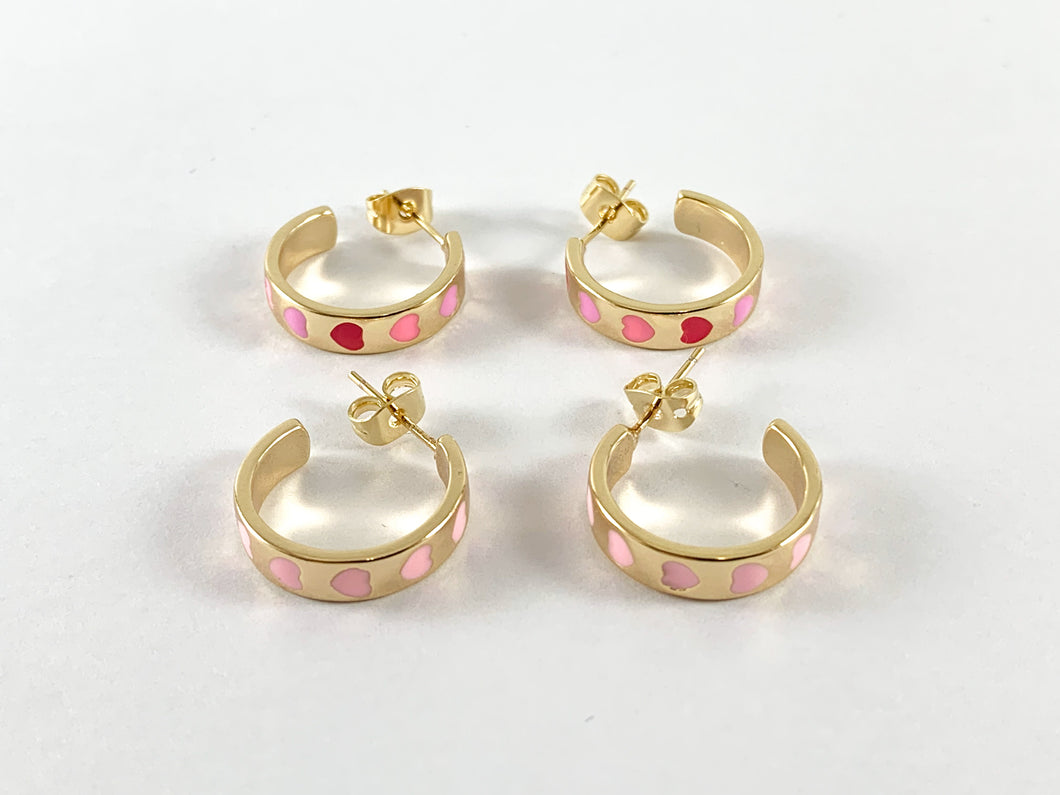 Real Gold 18K Plated Enamel Pastel Pink Hearts Gold Earring Hoops 3 pairs