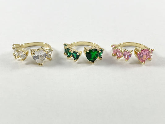 Real Gold 18K Plated CZ Pave Mini Hearts Open Front Pink Green Clear Adjustable Ring 4pcs