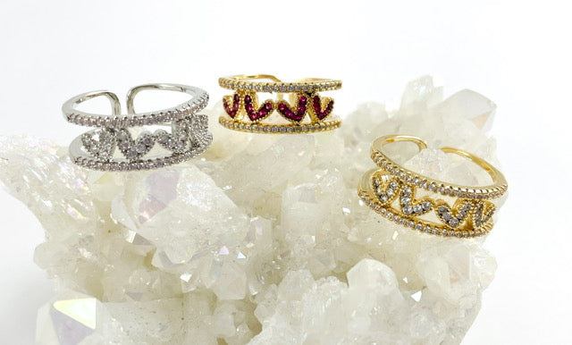 Real Gold/Platinum 18K Plated CZ Pave Mini Hearts Double Band Adjustable Ring 4pc