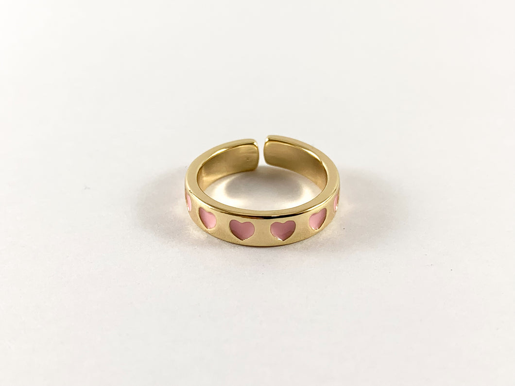 Anillo de corazón rosa esmaltado chapado en oro real de 18 quilates, 4 piezas