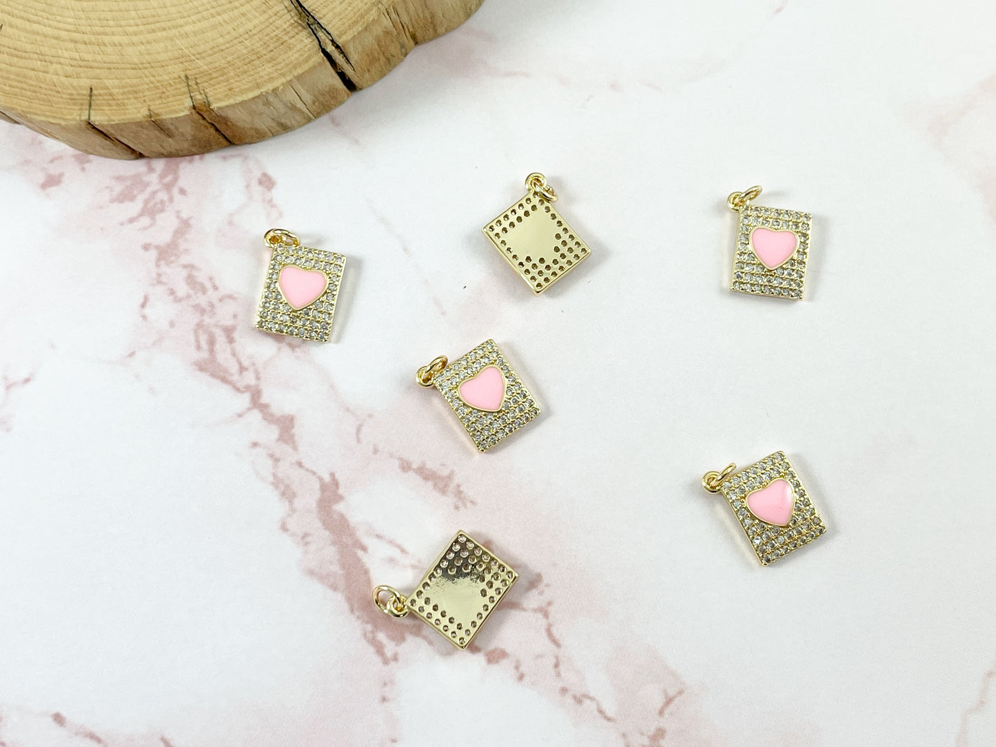 Gold 18K Plated Pink Heart Enamel Rectangle Tag Pendant Charm Over Copper 6pcs