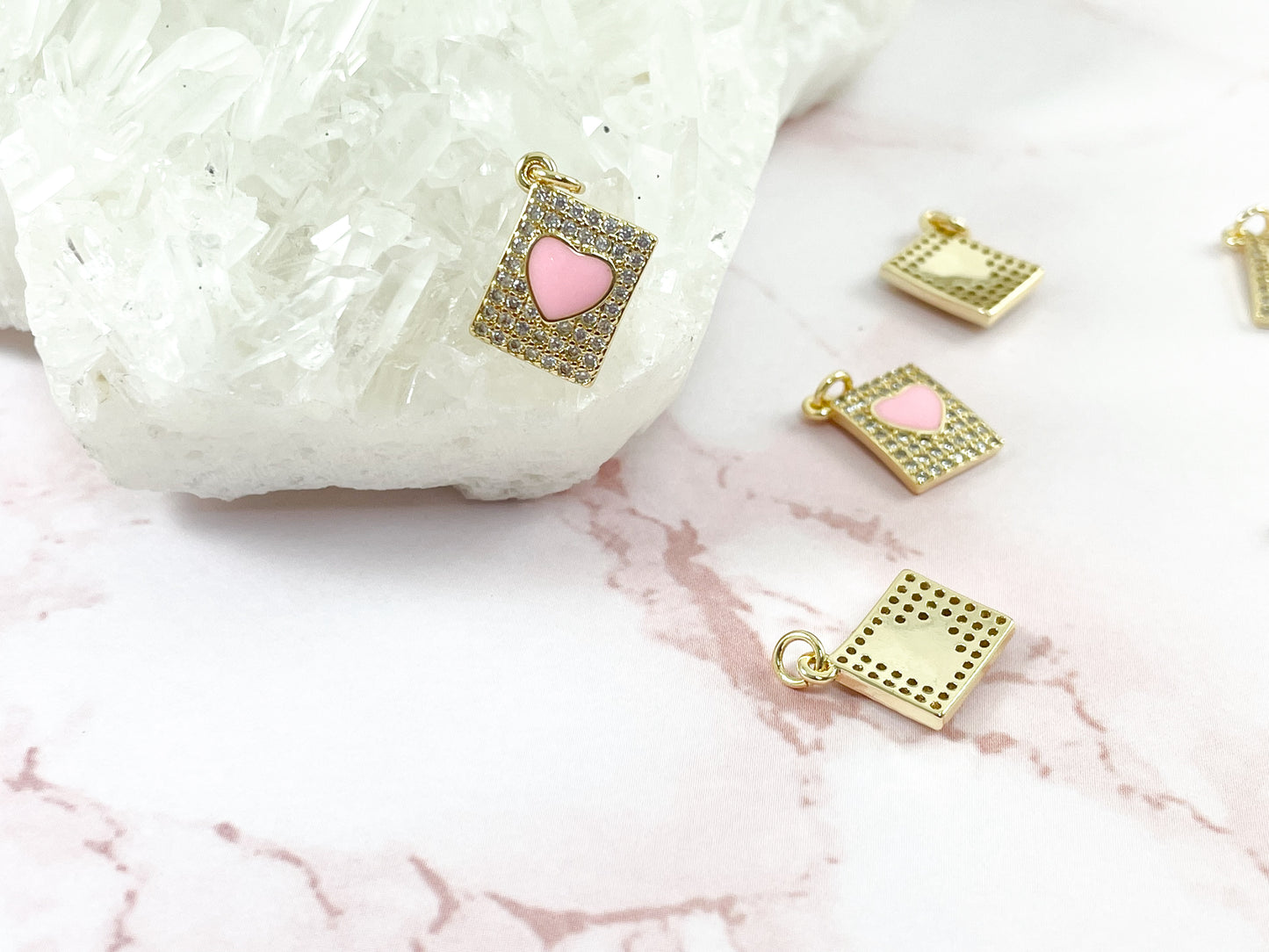 Gold 18K Plated Pink Heart Enamel Rectangle Tag Pendant Charm Over Copper 6pcs