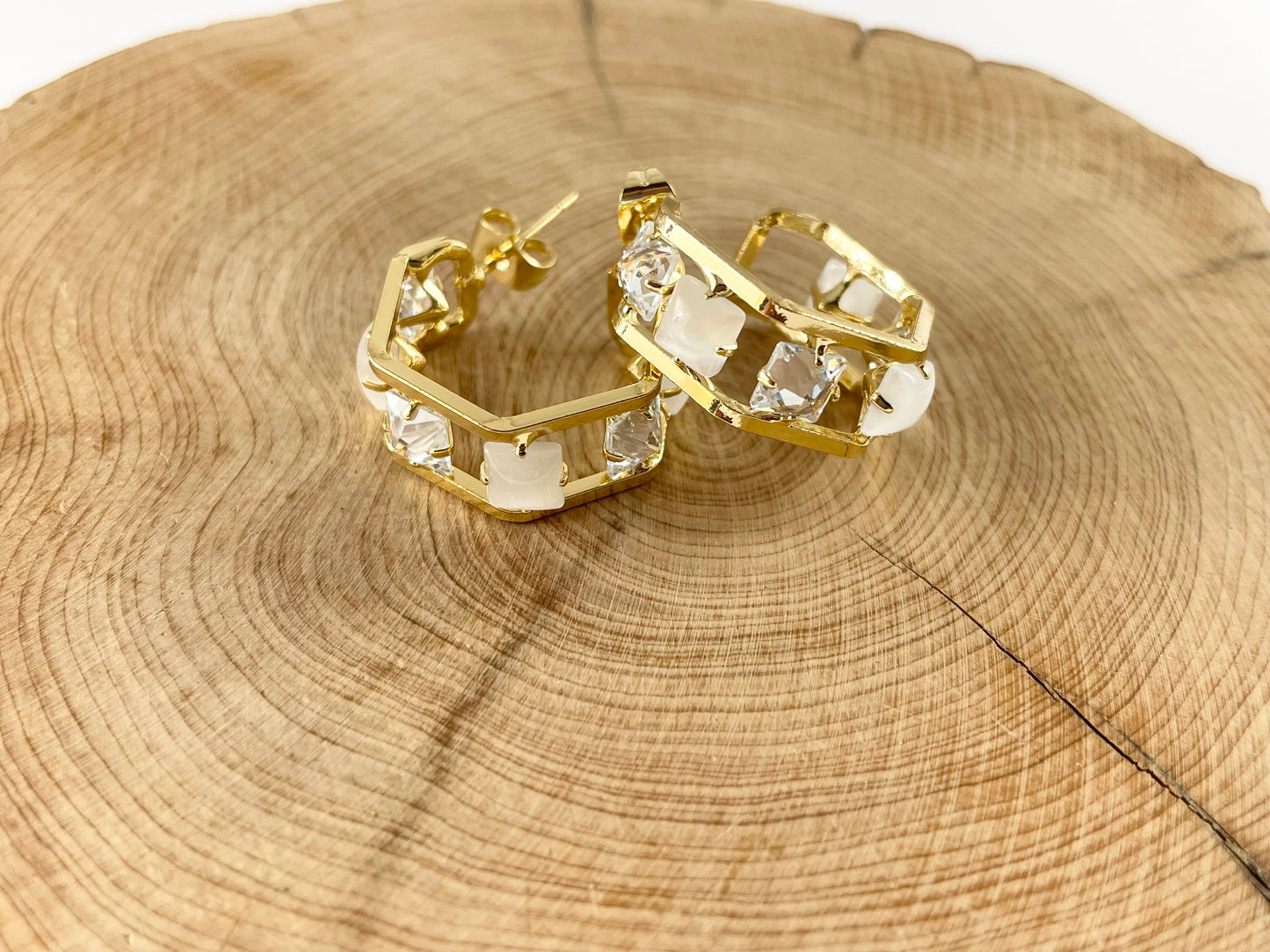 18K Gold Plated CZ Pave Brass Hexagon Earring Hoops 3 pairs