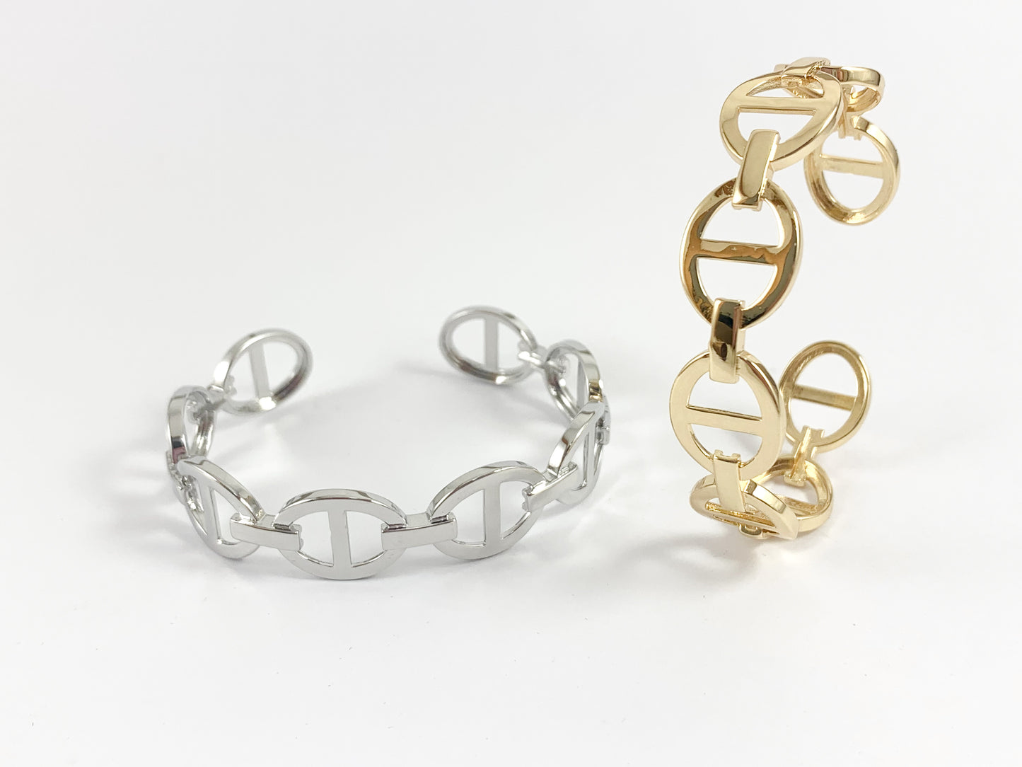 Mariner Coffee Bean Link Stackable Bracelet Cuff in Gold or Silver Plated Adjustable Pig Nose Bracelet Cuffs over Brass for 2 bracelet