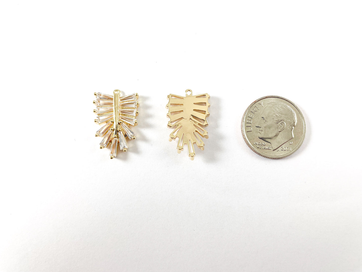 18K Gold Plated CZ Pave Baguette Feather Leaf Charm Over Copper 8pcs